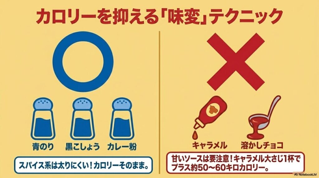 推奨されるスパイス系の味付けと、避けるべき甘い味付けを比較して説明する図。