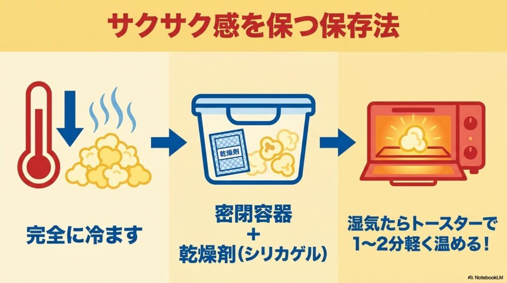 ポップコーンのサクサク感を維持するための、冷却、密閉保存、再加熱の3ステップを説明する図。