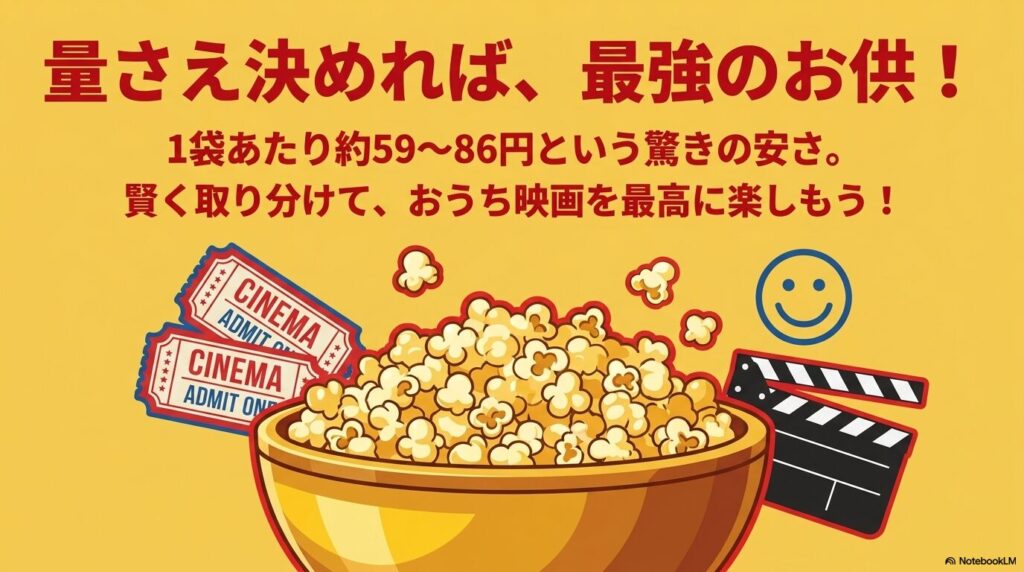 1袋あたりのコストパフォーマンスの良さを強調し、おうち映画を楽しむよう促すまとめのスライド。