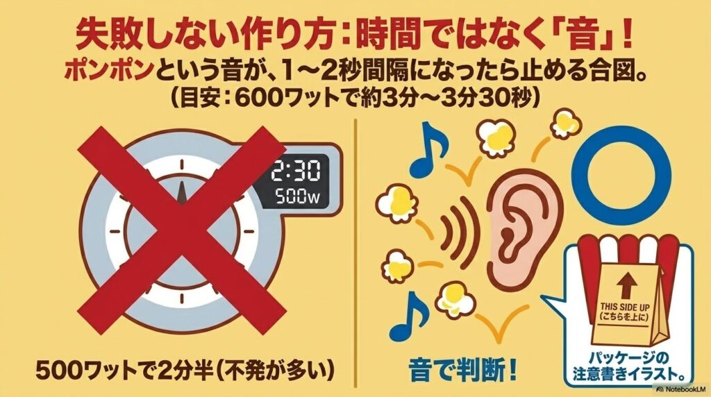 電子レンジでの調理時、加熱時間ではなくポップ音の間隔で判断することを推奨するコツ。