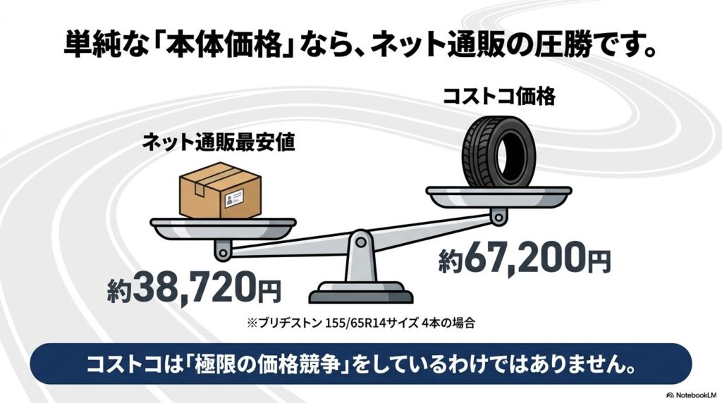 155/65R14サイズのタイヤ4本の本体価格を、ネット通販とコストコで比較した天秤の図解。