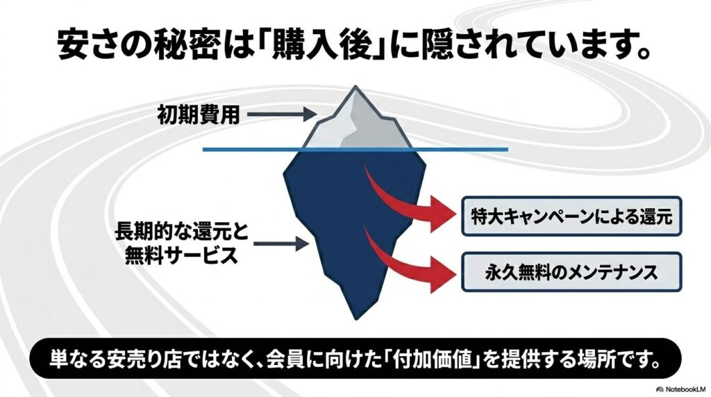 コストコの安さの秘密が「購入後」の長期的な還元と無料サービスにあることを、氷山の図で説明するスライド。