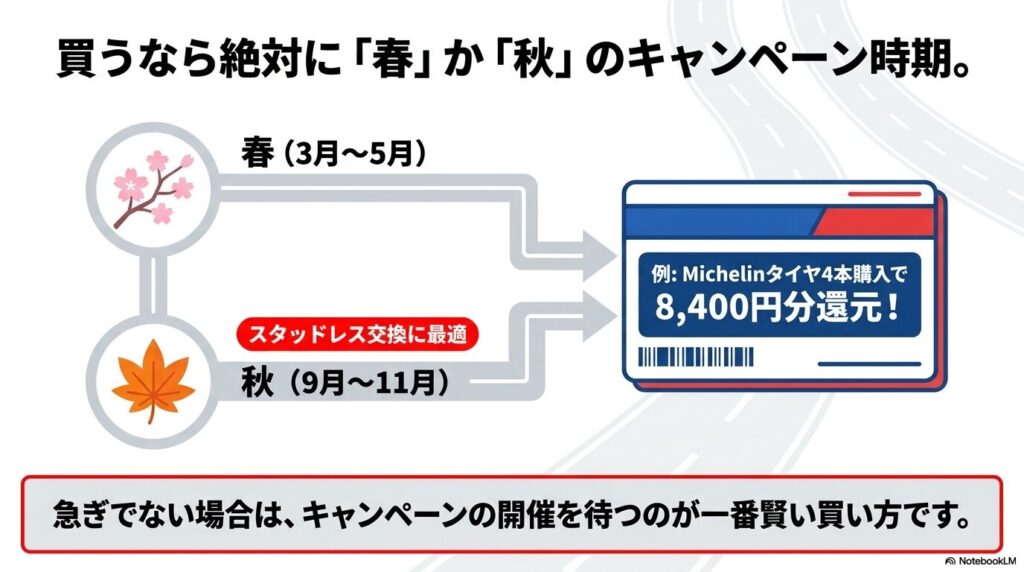 コストコでのタイヤ購入は、3〜5月または9〜11月のキャンペーン時期が最もお得であることを示す。