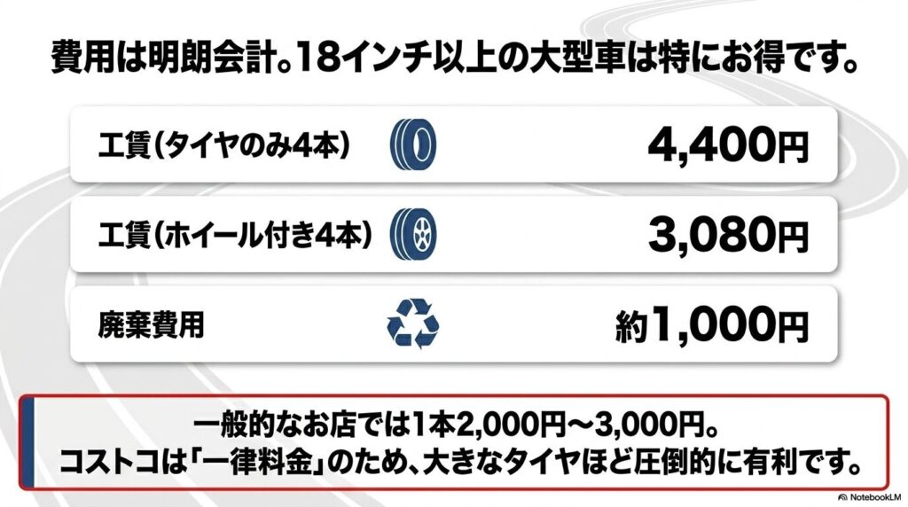 コストコのタイヤ交換工賃や廃棄費用を紹介し、特に大径タイヤにおいて割安であることを説明する。