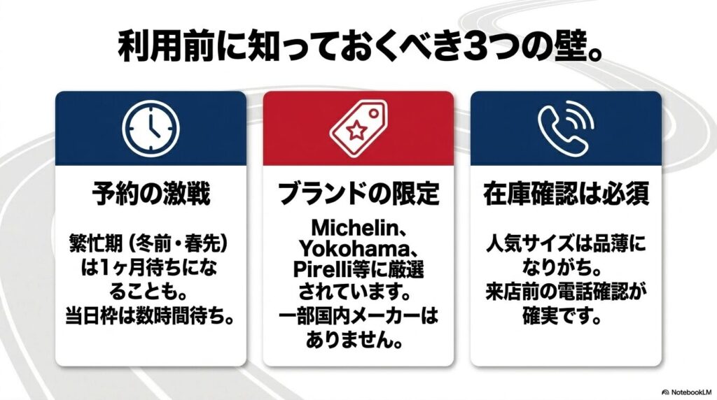 コストコのタイヤセンターを利用する際に注意すべき、予約・ブランド・在庫に関する3つのポイント。