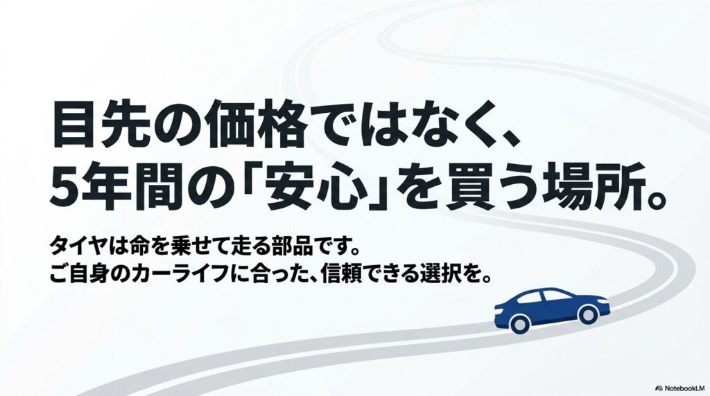 コストコのタイヤサービスを、長期的な安心と信頼を買うための選択肢として提案する結びのメッセージ。