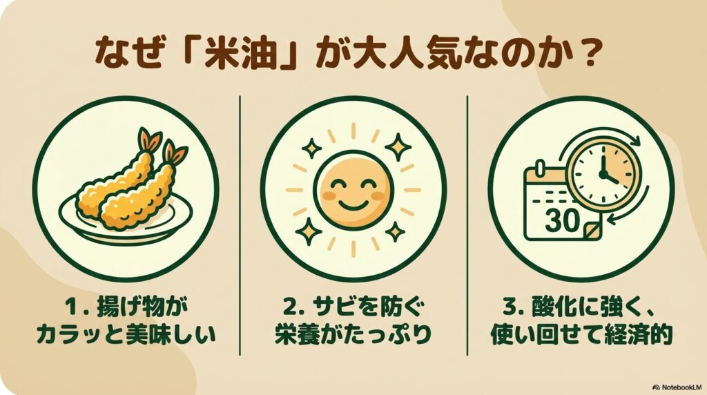 米油が人気の3つの理由を、揚げ物の美味しさ、健康へのメリット、経済性の観点から解説しています。