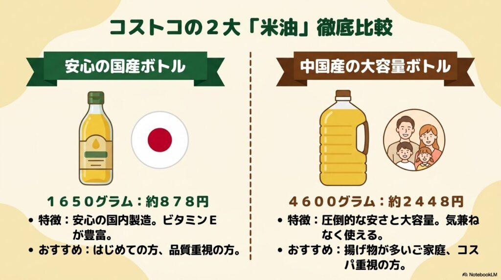 コストコで買える国産米油と中国産の大容量米油を、価格、特徴、おすすめの対象別に比較しています。