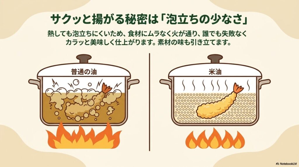 米油が揚げ物に適している理由として、加熱時の泡立ちが少なくカラッと仕上がる仕組みを説明しています。