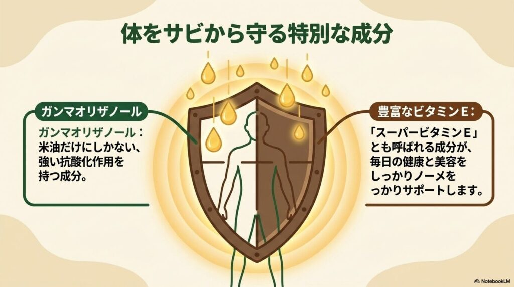米油に含まれるガンマオリザノールとビタミンEの抗酸化作用による健康・美容効果を解説しています。
