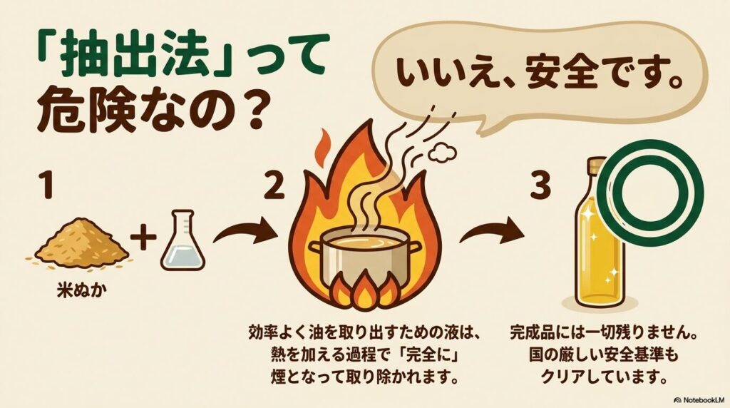 米油の製造工程である「抽出法」の安全性について、抽出剤が加熱により完全に除去される工程を解説しています。