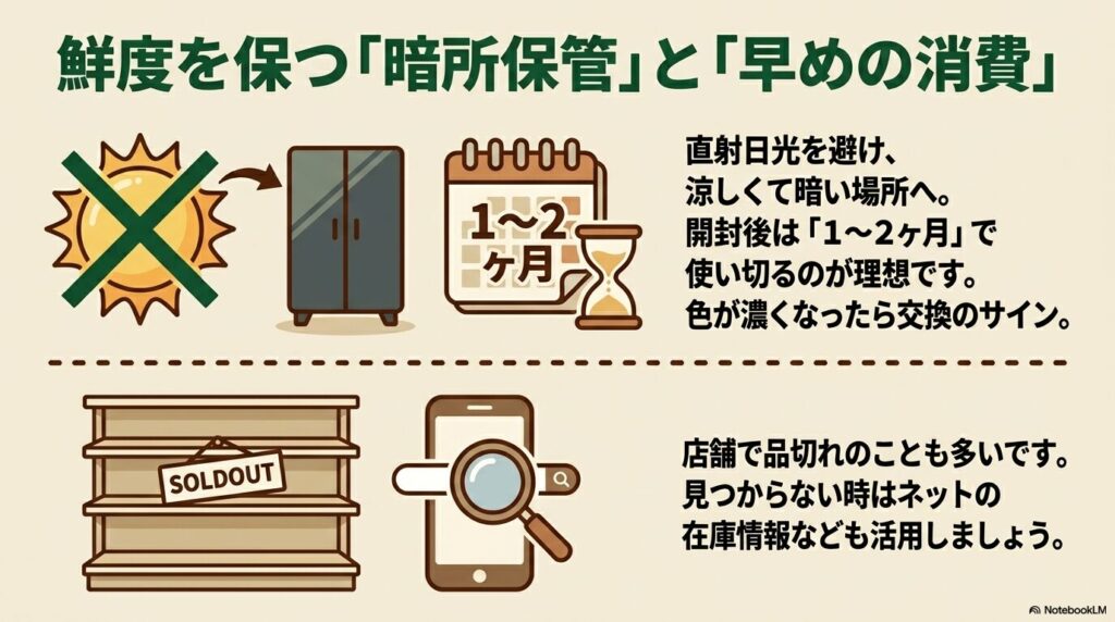 米油の鮮度を保つための適切な保管方法や使用期限、および店舗での在庫確認方法について説明しています。