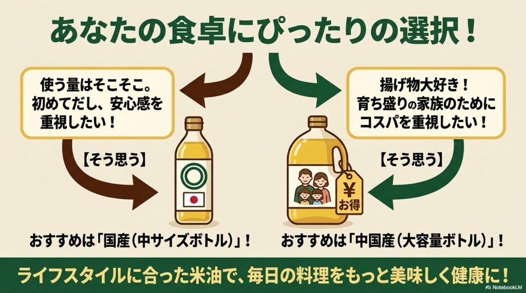 ライフスタイルや重視するポイントに合わせた、自分にぴったりの米油を選ぶための最終ガイドです。
