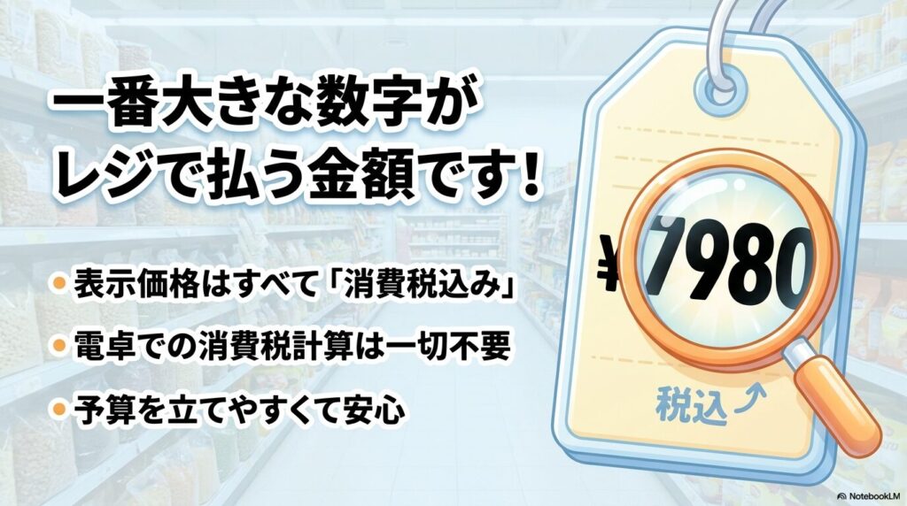 コストコでは表示価格がすべて税込であり、値札の大きな数字がそのまま支払額であることを説明しています。