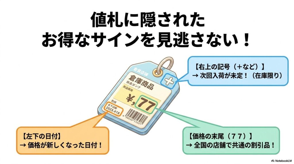 コストコの値札に記載されている日付や記号、特定の末尾価格が持つ特別な意味について解説しています。
