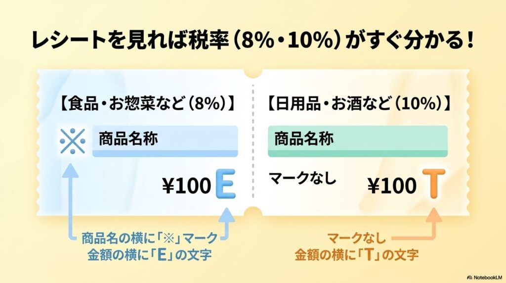 レシートに印字される記号から、8%と10%の消費税率を簡単に見分ける方法を説明しています。