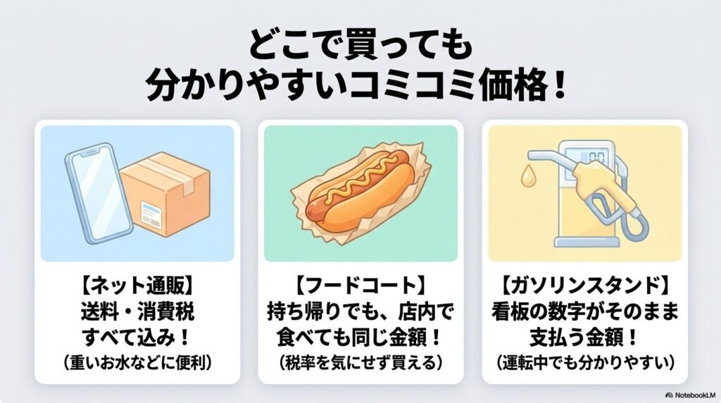 オンライン通販、フードコート、ガソリンスタンドでも、表示価格がすべて込みの価格であることを紹介しています。