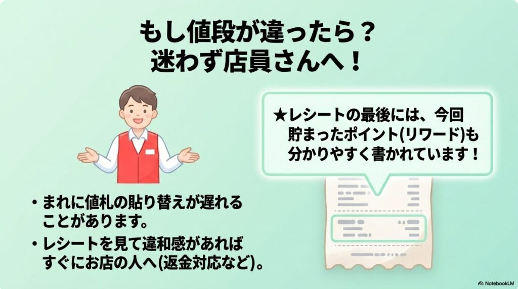 値札と支払額が異なる場合の対応方法と、レシートでの獲得ポイント確認について説明しています。