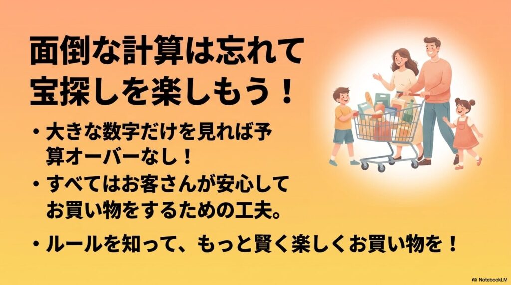 まとめとして、価格表示のルールを知ることで計算の手間を省き、楽しく買い物することを推奨しています。