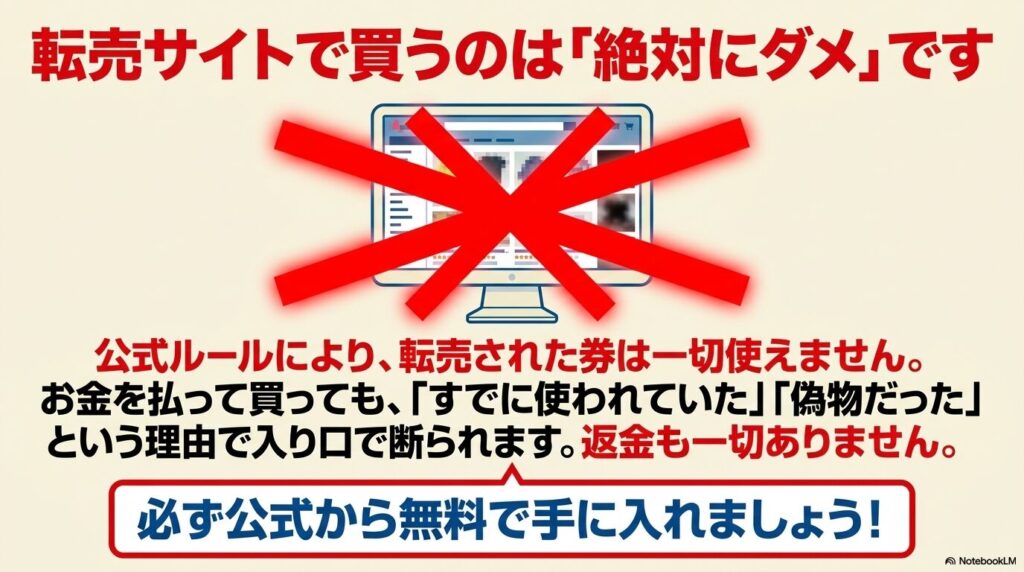転売サイトでの招待券購入を禁止する警告。公式ルールで利用不可となり、返金もないことを説明。