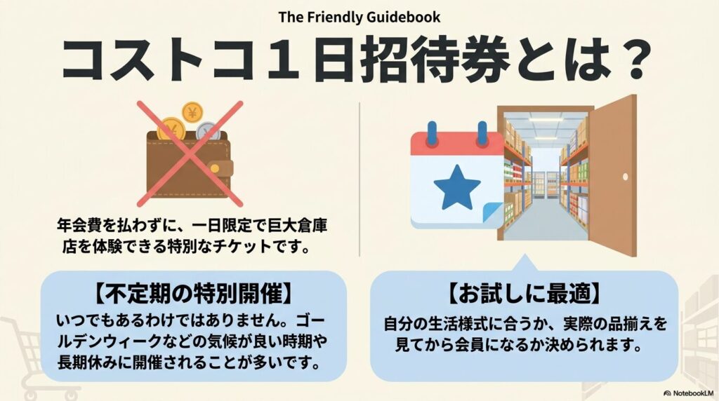 コストコ1日招待券の概要と、開催時期や利用メリットについての解説。