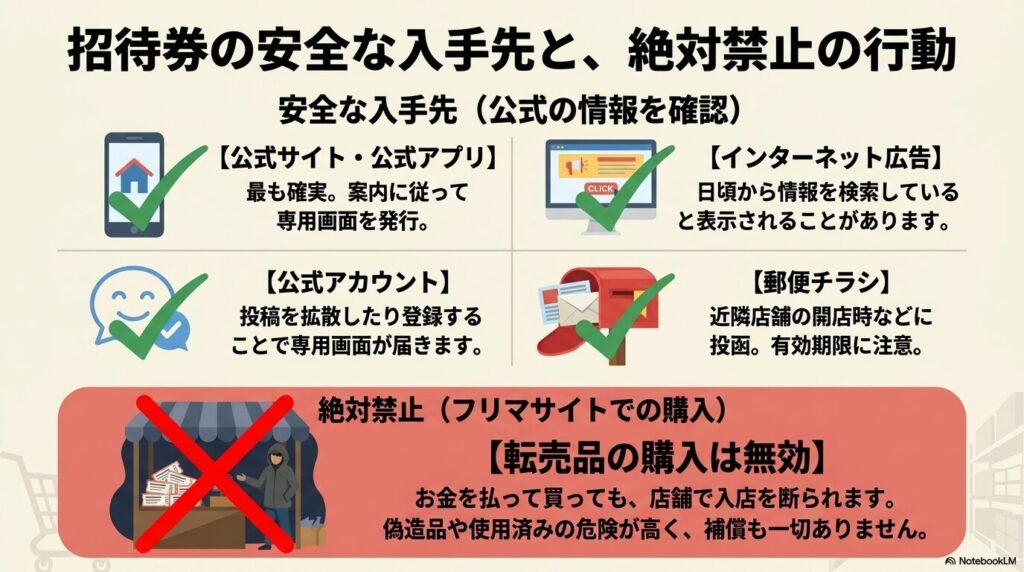 招待券の正しい入手方法と、転売品の購入などの禁止事項についての説明。