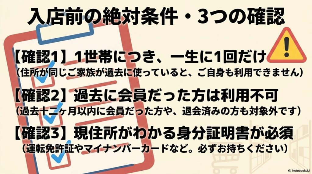 コストコ入店前に確認すべき、利用回数制限や身分証明書などの3つの条件。