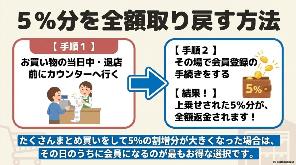 当日中に会員登録することで、5％の割増分を全額返金してもらう手順の紹介。