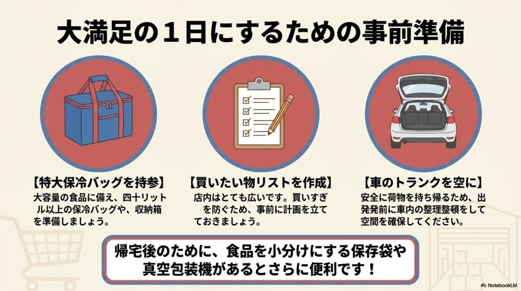 コストコでの買い物を楽しむための、保冷バッグやリスト作成などの事前準備。