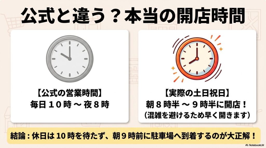 公式の営業時間と、混雑回避のための実際の開店時間を比較して解説するスライドです。