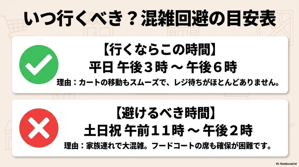 混雑を避けるためのおすすめの訪問時間帯と、避けるべき時間帯をまとめた表です。