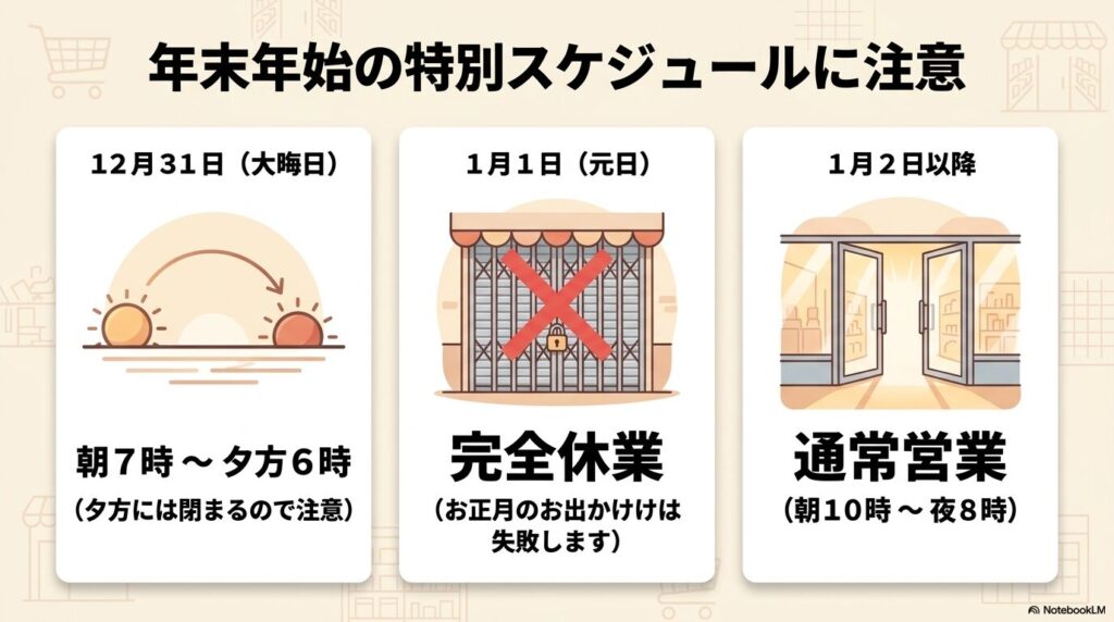 大晦日、元日、1月2日以降の年末年始特別営業スケジュールに関する注意点です。