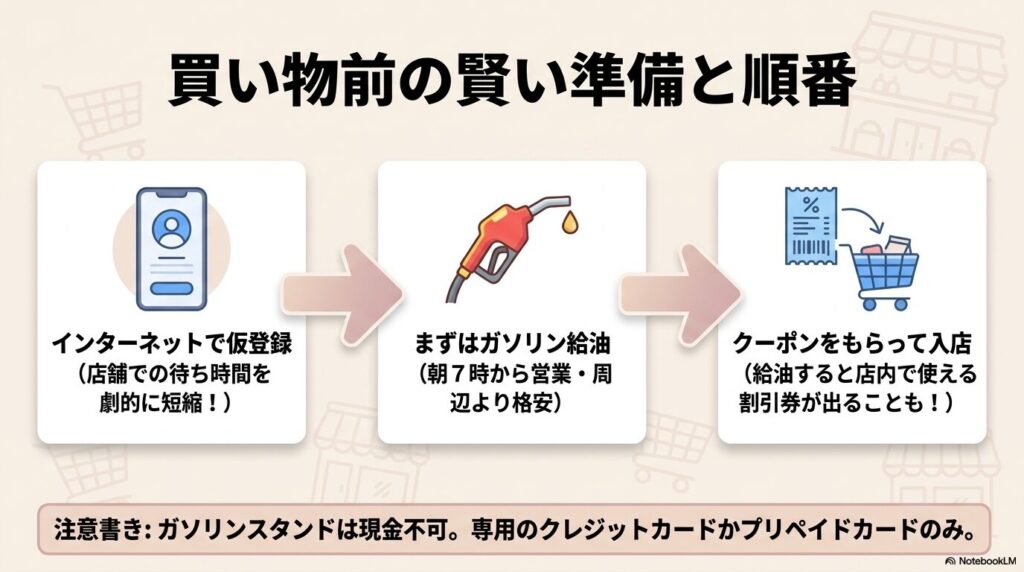 入店前に済ませておくべきネット登録や給油などの準備と、その順番を説明しています。
