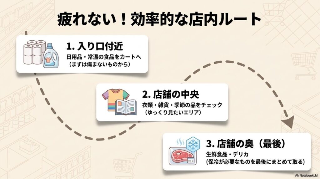 商品が傷むのを防ぎ、効率的に店内を回るための3つのステップを紹介するルートマップです。