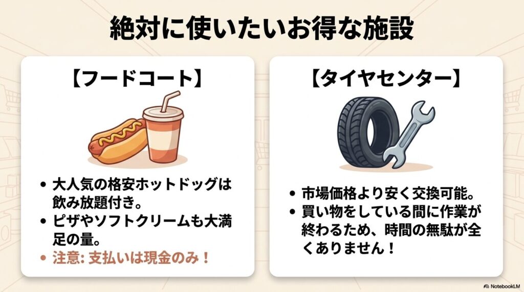 フードコートの利用方法やタイヤセンターの利便性など、お得な施設情報を紹介しています。