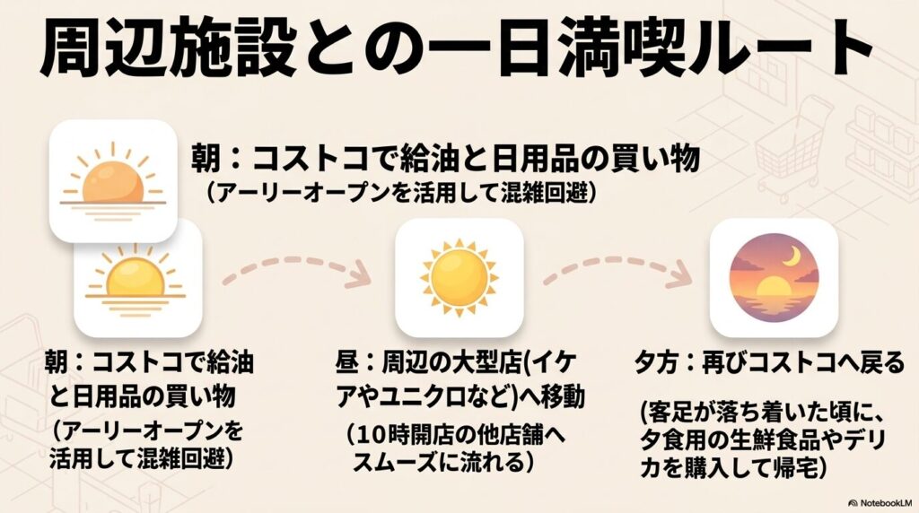 コストコでの買い物と周辺の大型商業施設を組み合わせた、理想的な1日のスケジュール案です。