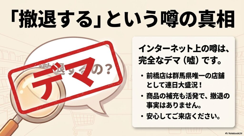 ネット上のコストコ前橋店撤退の噂を否定し、店舗が盛況であることを伝えるスライドです。