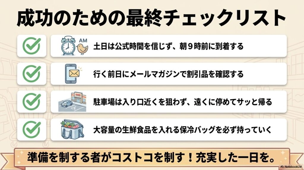 コストコでの買い物を成功させるための4つの最終チェックリストをまとめたスライドです。