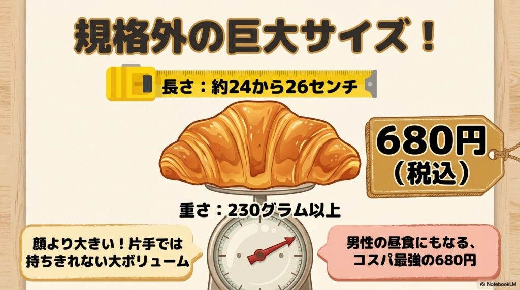 商品のサイズ、重さ、価格を紹介し、その驚きのボリュームとコスパの良さを説明しています。