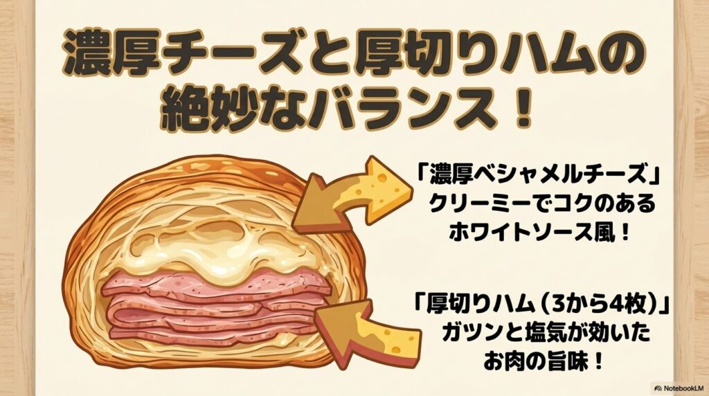 具材である濃厚なベシャメルチーズと3〜4枚の厚切りハムの絶妙なバランスについて解説しています。