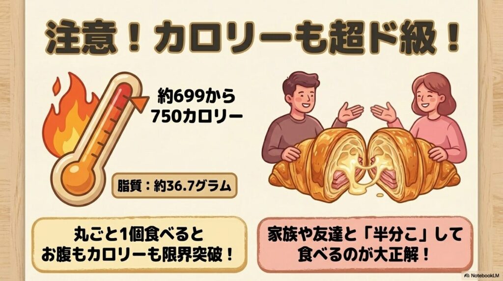商品の高カロリーと高脂質について注意を促し、友人や家族とシェアして食べることを推奨しています。