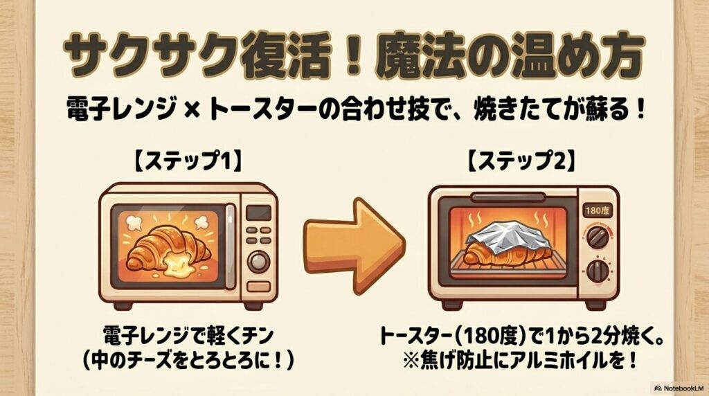 電子レンジとトースターを組み合わせた、クロワッサンを美味しく温め直す2つのステップを紹介しています。