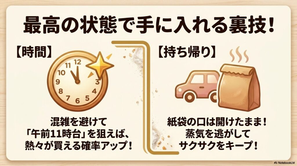 出来立てを狙える時間帯と、持ち帰り時にサクサク感を維持するための簡単な工夫を伝授しています。