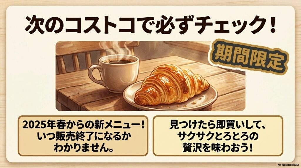 2025年春の新メニューである期間限定商品のチェックと、早めの購入を呼びかけています。