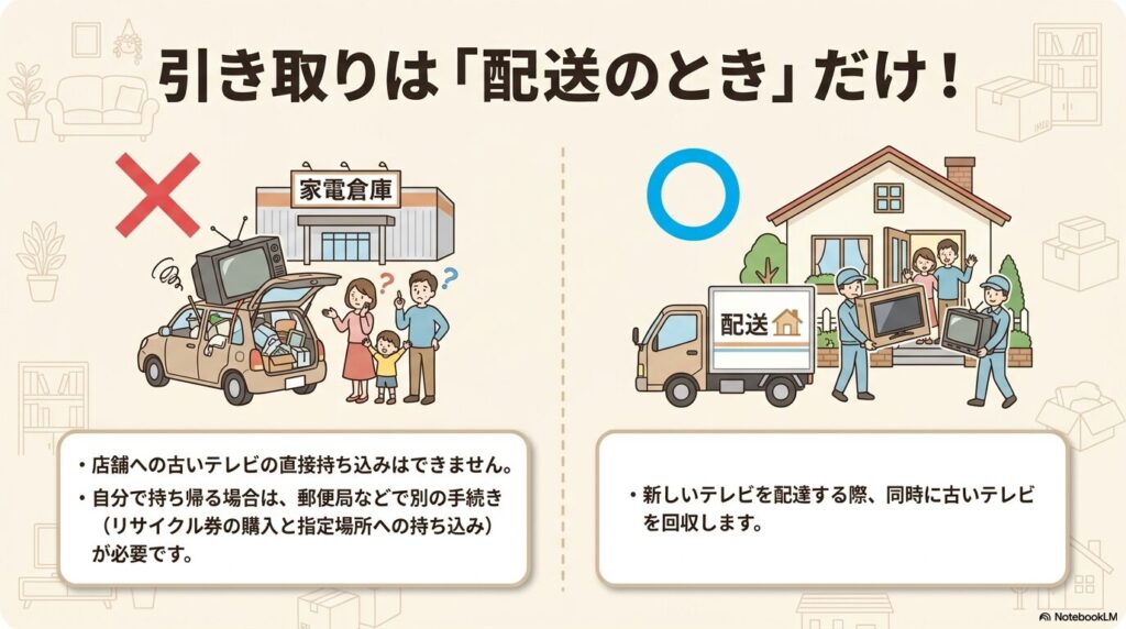 古いテレビの引き取りは配送時のみ可能で、店舗への直接持ち込みは不可であることを説明するスライド。