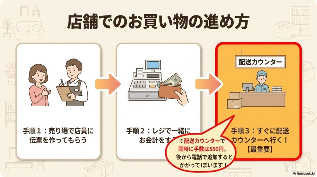 売り場での伝票作成からレジでの会計、配送カウンターでの申し込みまでの手順を説明するスライド。