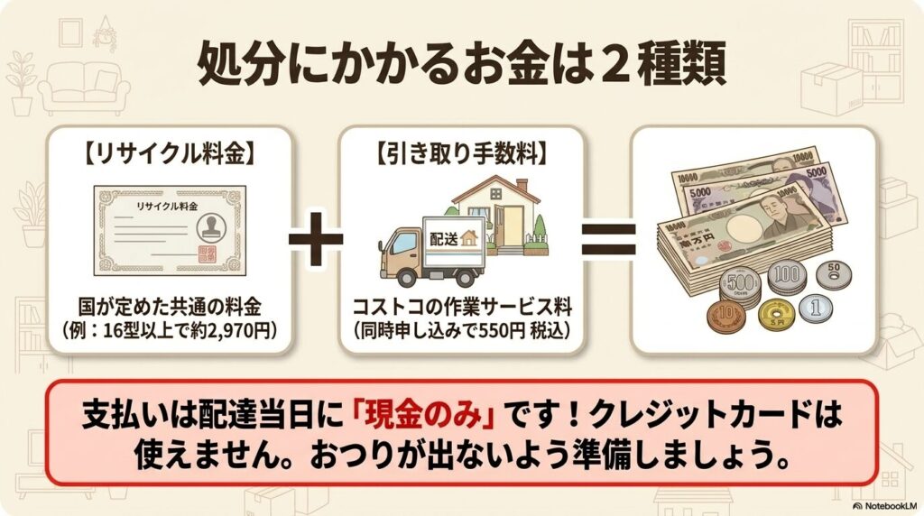 処分に必要なリサイクル料金と引き取り手数料、および支払いが現金のみであることを説明するスライド。