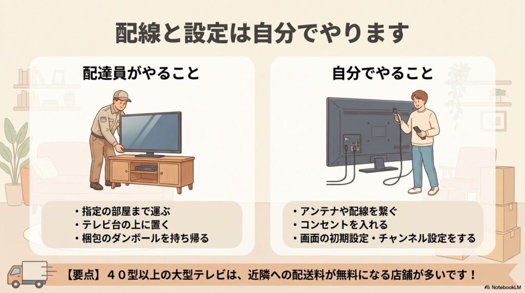 配送員が行う作業と、購入者自身が行う配線・設定作業の違いを説明するスライド。