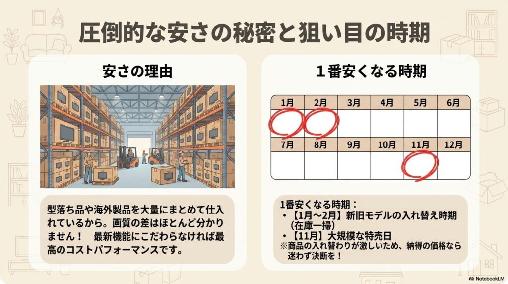 コストコのテレビが安い理由と、特にお得に購入できる1月、2月、11月の時期を紹介するスライド。