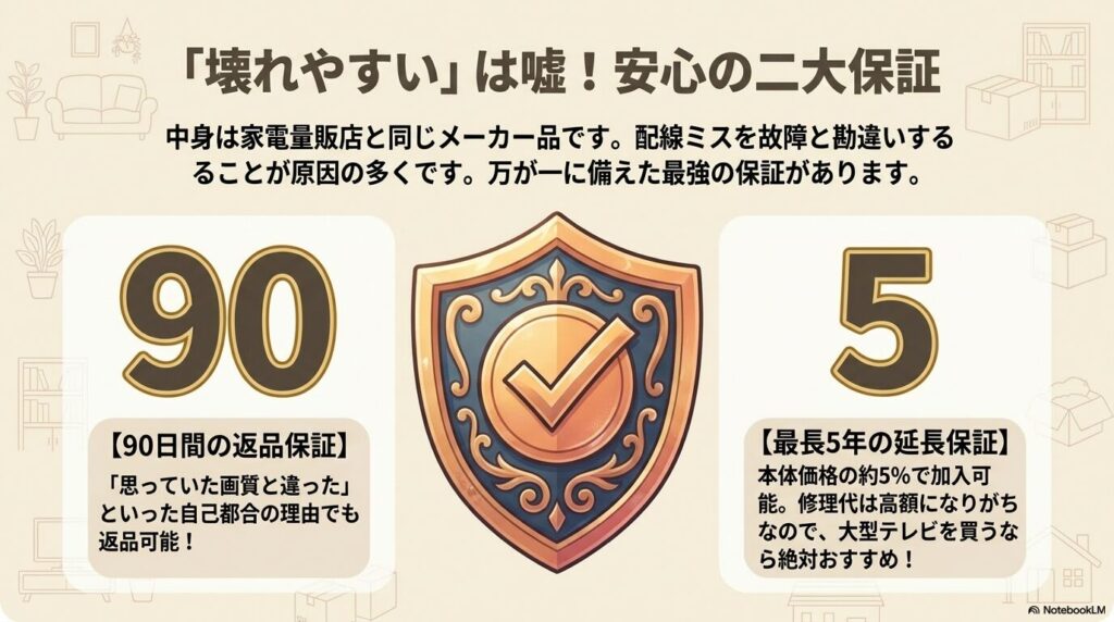 90日間の返品保証と最長5年の延長保証という、コストコの2つの安心保証を説明するスライド。